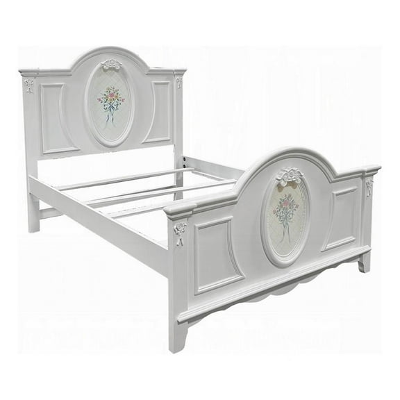 Auri Twin Size Bed- Floral Motifs Arched Headboard- Classic White Wood