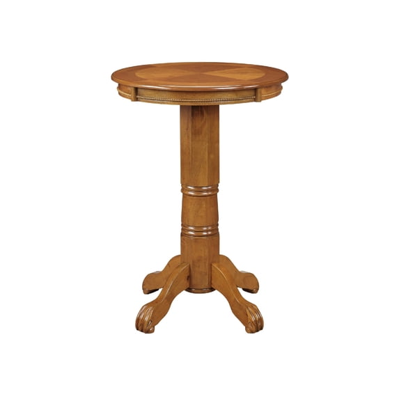 Ava 42 Inch Wood Pub Bar Table Sunburst Design Carved Pedestal Oak- Saltoro Sherpi