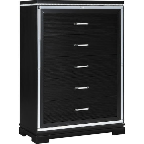 Benjara Axl 52 Inch 5 Drawer Tall Dresser, Mirror Trim, Crystal Accent, Black Wood