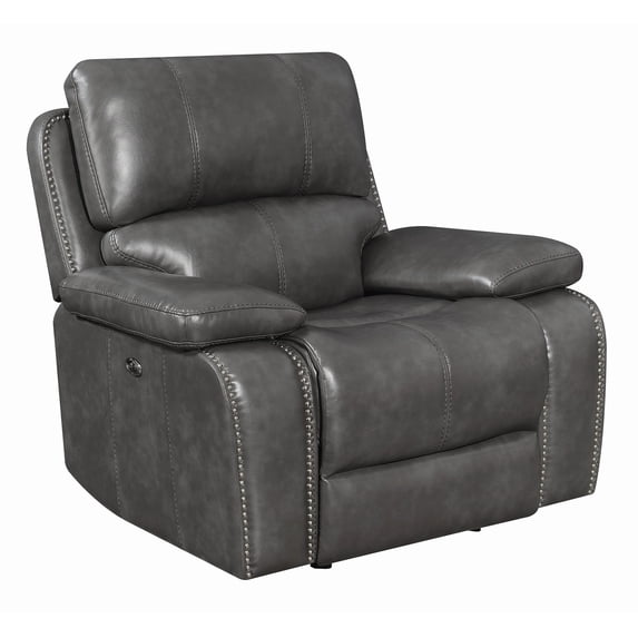 Benjara BM206585 40 x 43 x 39 in. Leather Upholstered Metal Power Gilding Recliner Sofa, Gray