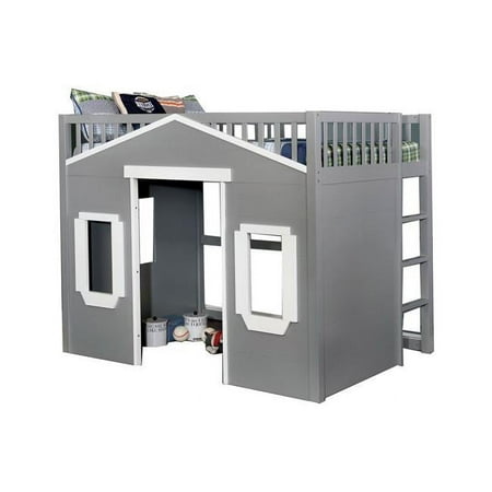 Benjara BM207365 65 x 42 x 80 in. House Shaped Wooden Twin Loft Bed with Ladder, Gray & White