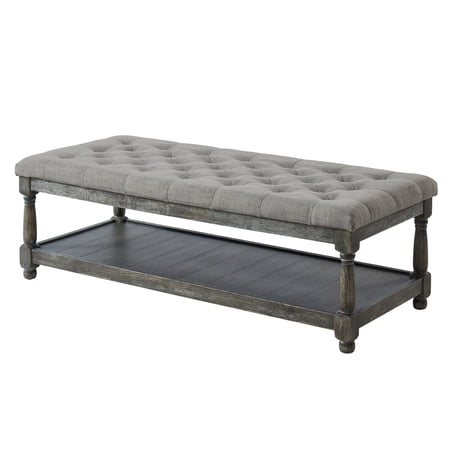 Fabric Upholstered Bench with Button Tufted Seat and Bottom shelf, Gray