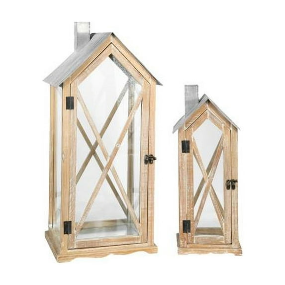 Benjara BM208192 Wooden Lantern with House Type Design & Cross Glass Panes - Brown - Set of 2