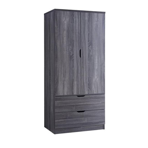 Benjara BM208872 Wooden Wardrobe with 2 Drawers & 1 Hanging Rod - Distressed Gray