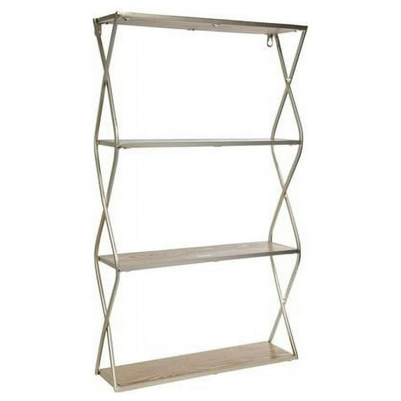 Benjara BM210047 4 Tier Wood & Metal Wall Shelf with Criss Cross Sides, Gold & Brown