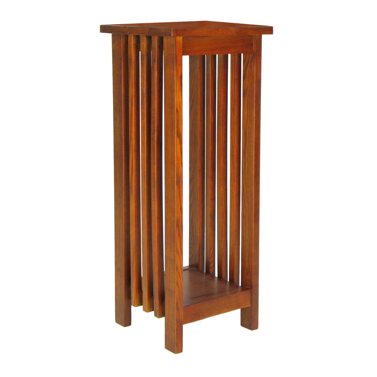 Brown Oakwood 30" Flower Stand with Slatted Sides and Bottom Shelf