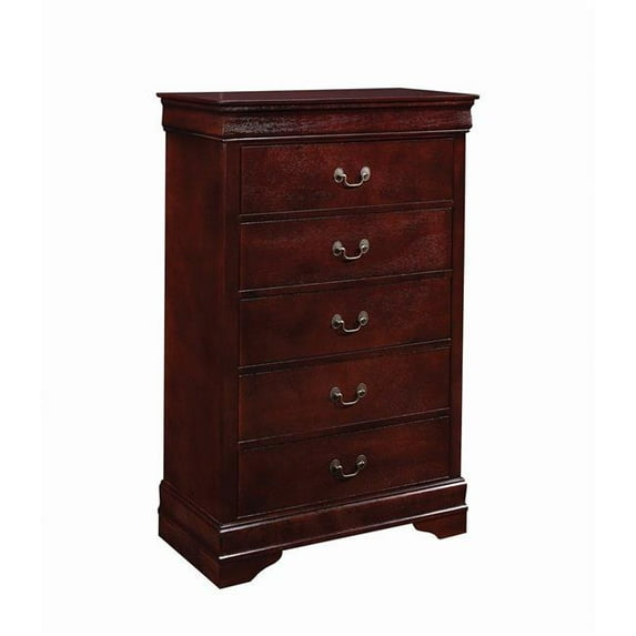 Benjara BM215514 5 Drawer Wooden Chest with Hanging Pulls & Bracket Feet - Cherry Brown