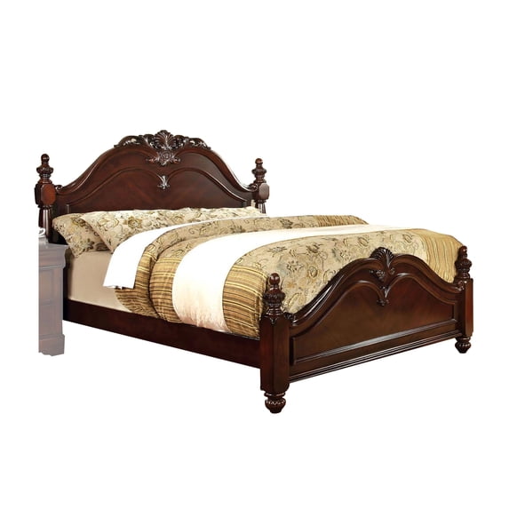 Benjara BM216289 Traditional Style Eastern King Size Wooden Bed with Floral Carving - Brown