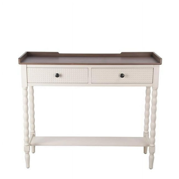 Benjara BM216891 2 Drawer Wooden Console with Tray Top & Open Bottom Shelf, White & Brown - 12.5 x 35.5 x 29.5 in.