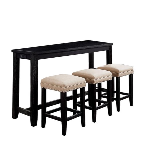 Benjara BM217445 Counter Height Table with Fabric Padded Stools, Black & Beige - 4 Piece