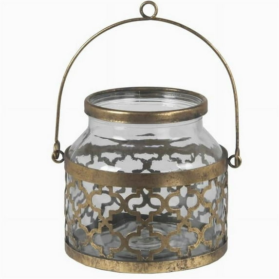 Benjara BM217942 Glass Vase with Metal Quatrefoil Design & Metal Handle, Gold - 6 x 5 x 5 in.