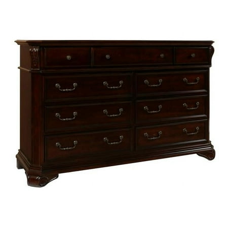 Benjara BM218029 9 Drawer Wooden Dresser with Molded Details & Metal Handles, Brown