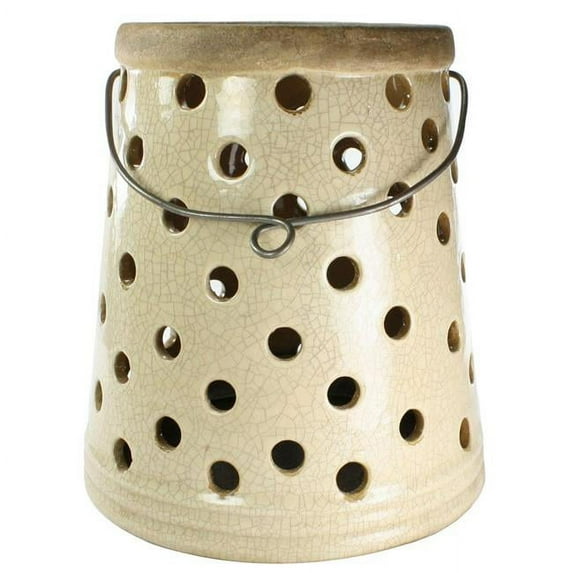 Benjara BM218287 Ceramic Lantern with Circular Cut out Design, White - 10 x 9 x 9 in.