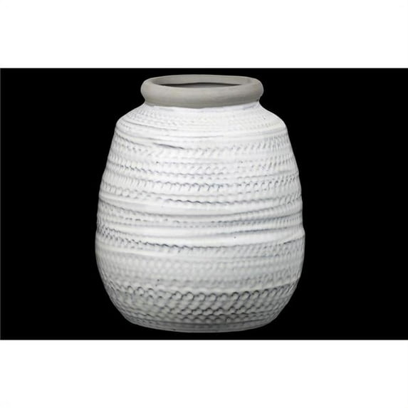 Benjara BM219149 Ceramic Bellied Pot with Etched Glazed Body, White - Set of 2