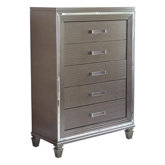 Benjara BM220076 Textured Front 5 Drawer Chest with Beveled Mirror Trim, Silver