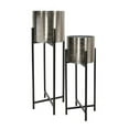 thumbnail image 1 of Benjara BM221128 Round Metal Planter with X Shaped Tubular Stand, Silver - Set of 2, 1 of 3