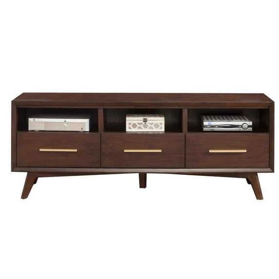 Benjara BM222462 3 Drawer Transitional TV Console with 3 Open Compartments, Walnut Brown