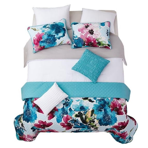 Benjara BM225218 Fabric Comforter Set with Floral Prints, Multi Color - Twin Size - 6 Piece