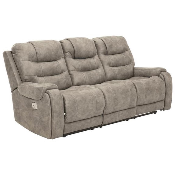 Benjara BM226042 Tufted Leatherette Power Reclining Sofa with Adjustable Headrest, Gray