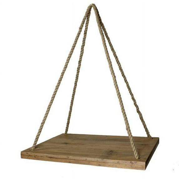 Benjara BM226379 Suspended Wooden Platform Shelf with 2 Hanging Ropes, Brown