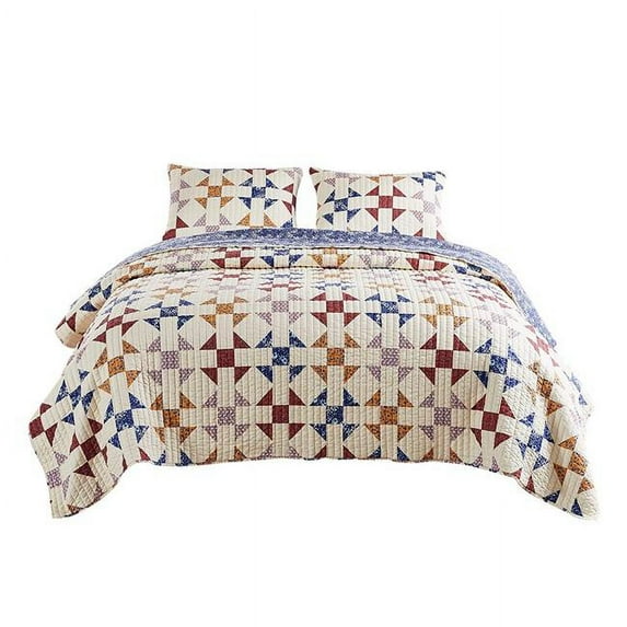 Benjara BM226410 Microfiber Quilt Set with Geometric Print, Multi Color - Full Size - 3 Piece