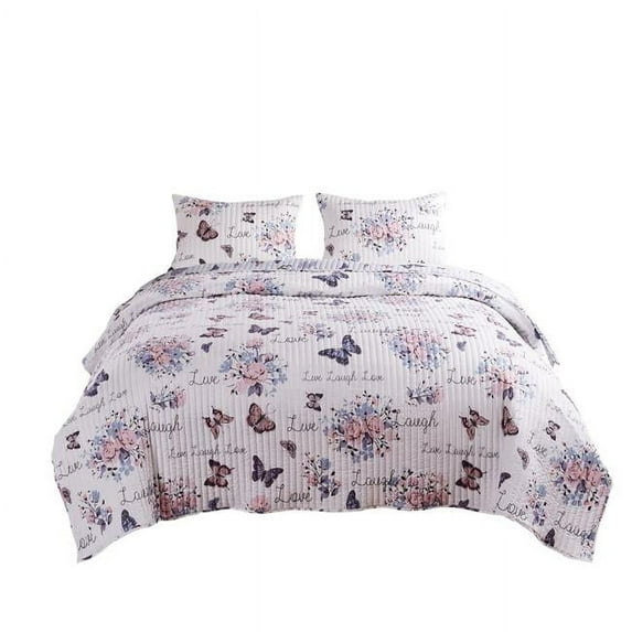 Benjara BM226422 Quilt Set with Lily & Butterfly Print, Multi Color - King Size - 3 Piece