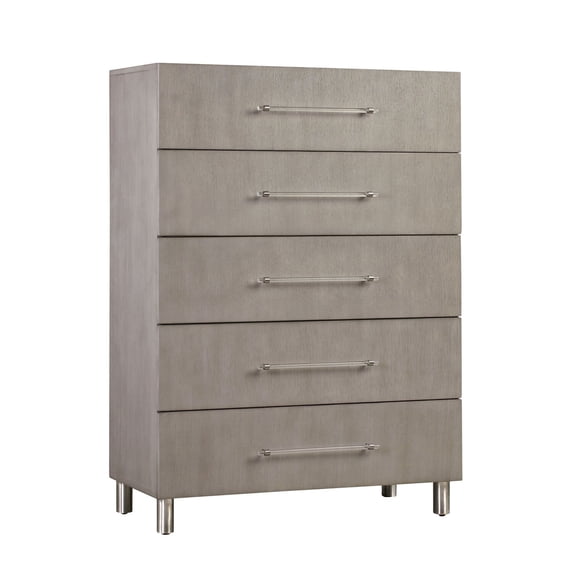 Benjara BM273045 54 in. Ann Wood 5 Drawer Tall Chest Dresser with Clear Handles, Gray