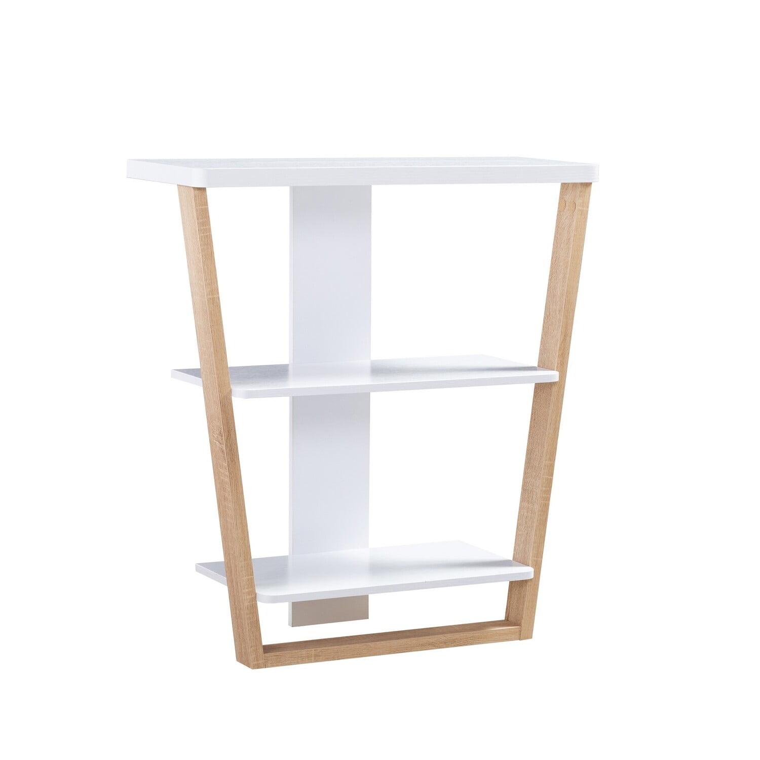 34" White and Light Brown Wood Console Table with Slanted Legs and Storage Shelves