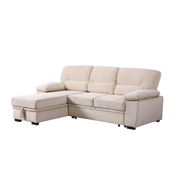 Exie 98 Inch 2 Piece Sectional Sofa, Pull Out Bed, Storage, Beige Velvet- Saltoro Sherpi