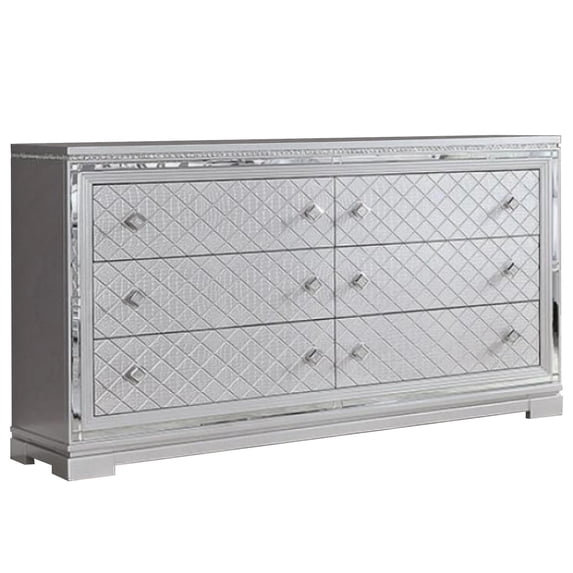 Benjara BM300500 62 in. Crossed Design & Blex Wide Dresser Chest with 6 Drawers, Silver