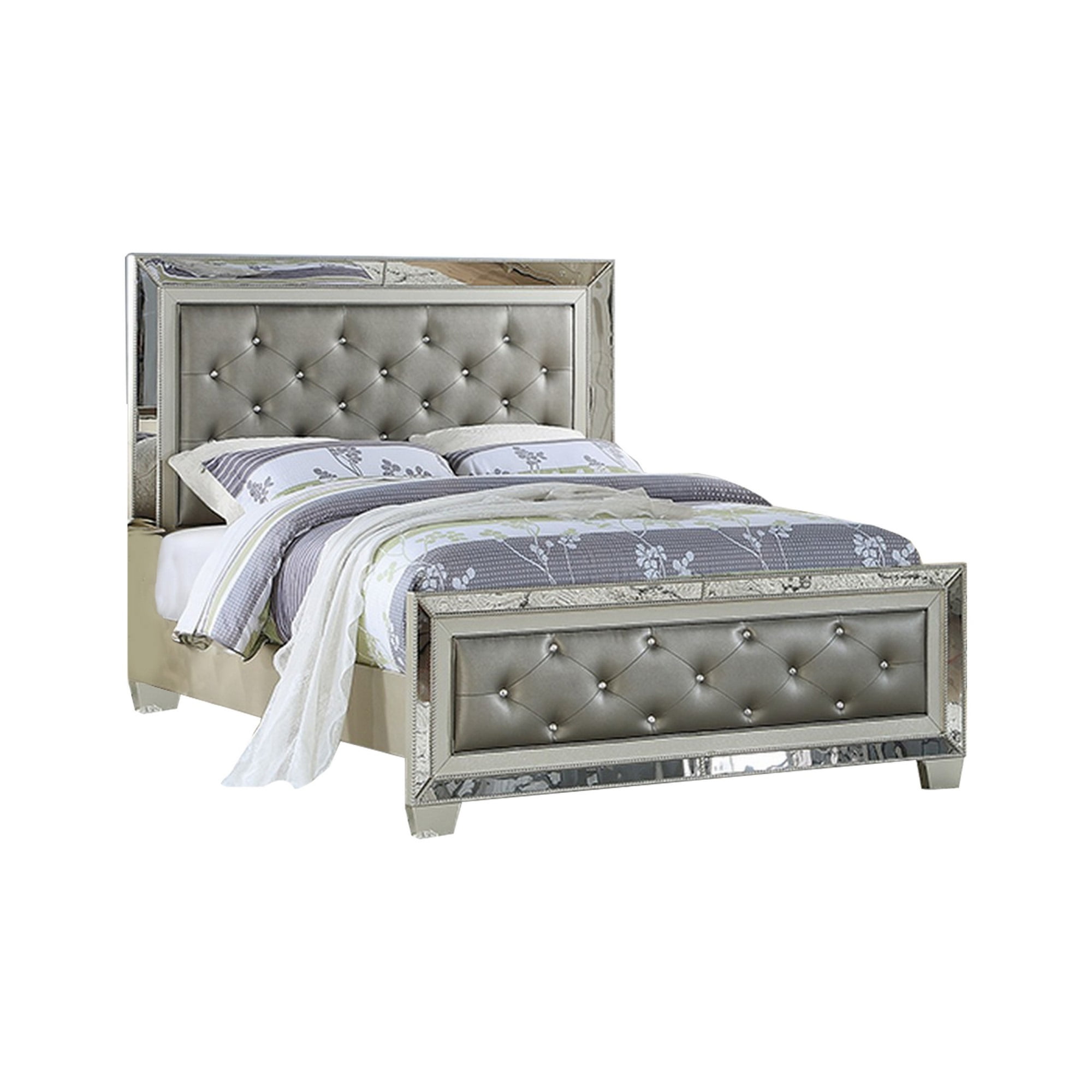 Reva King Bed, Mirror Inlaid, Button Tufted Gray Faux Leather Upholstery