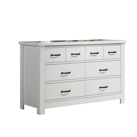 Jermy 51 Inch Wide Dresser, 6 Drawers, Black Handles, Crisp White Finish