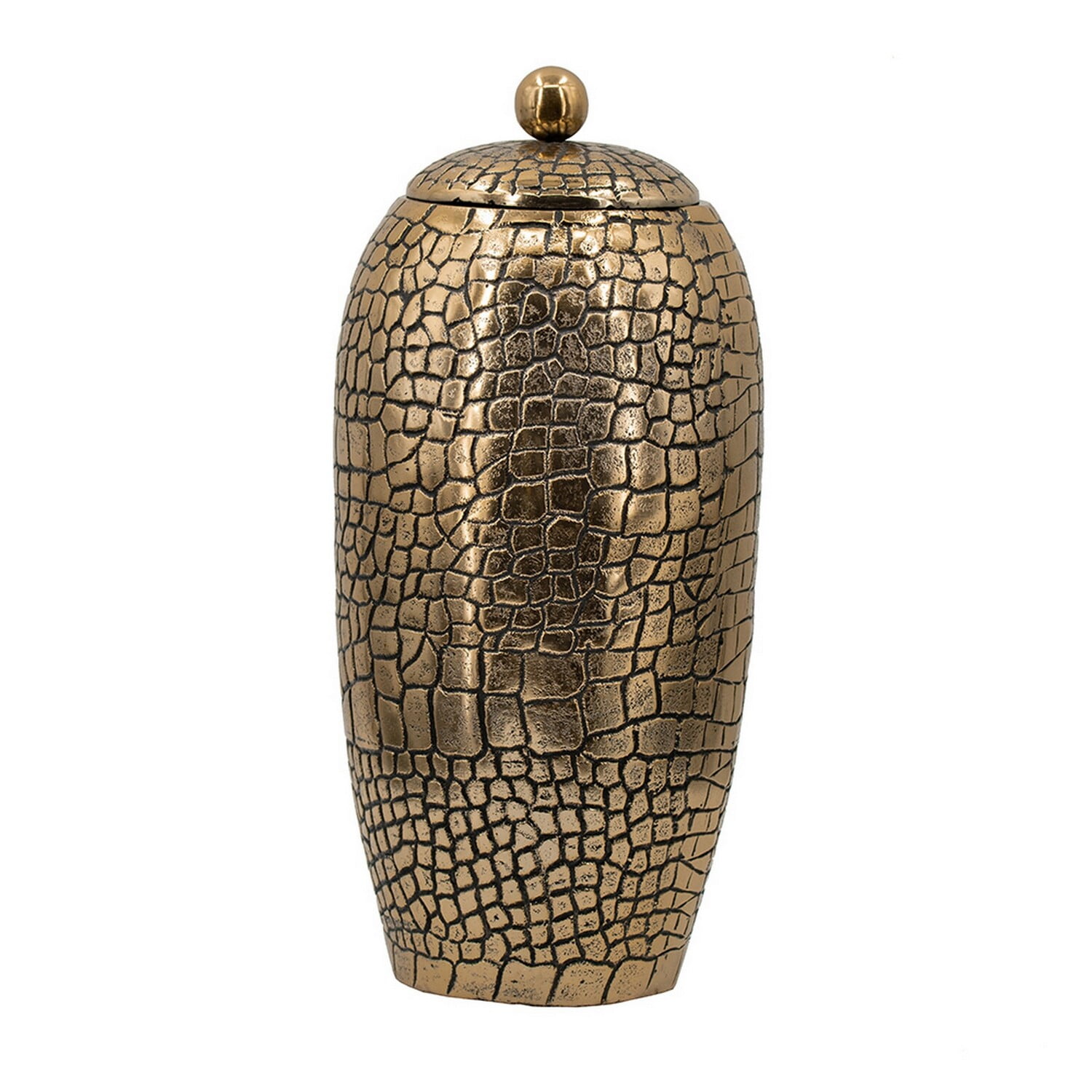 Antique Gold Hammered Texture Lidded Metal Urn, 15 in