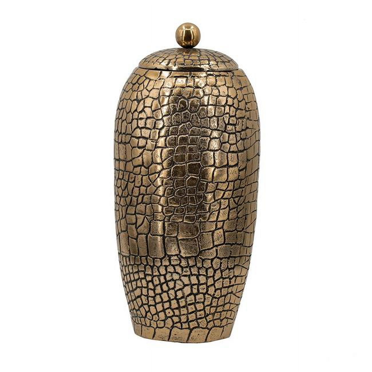 Antique Gold Hammered Texture Lidded Metal Urn, 15 in
