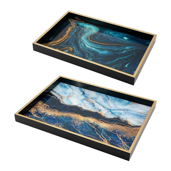 Set of 2 Rectangular Decorative Trays Tall Rims Faux Marble Blue Gold