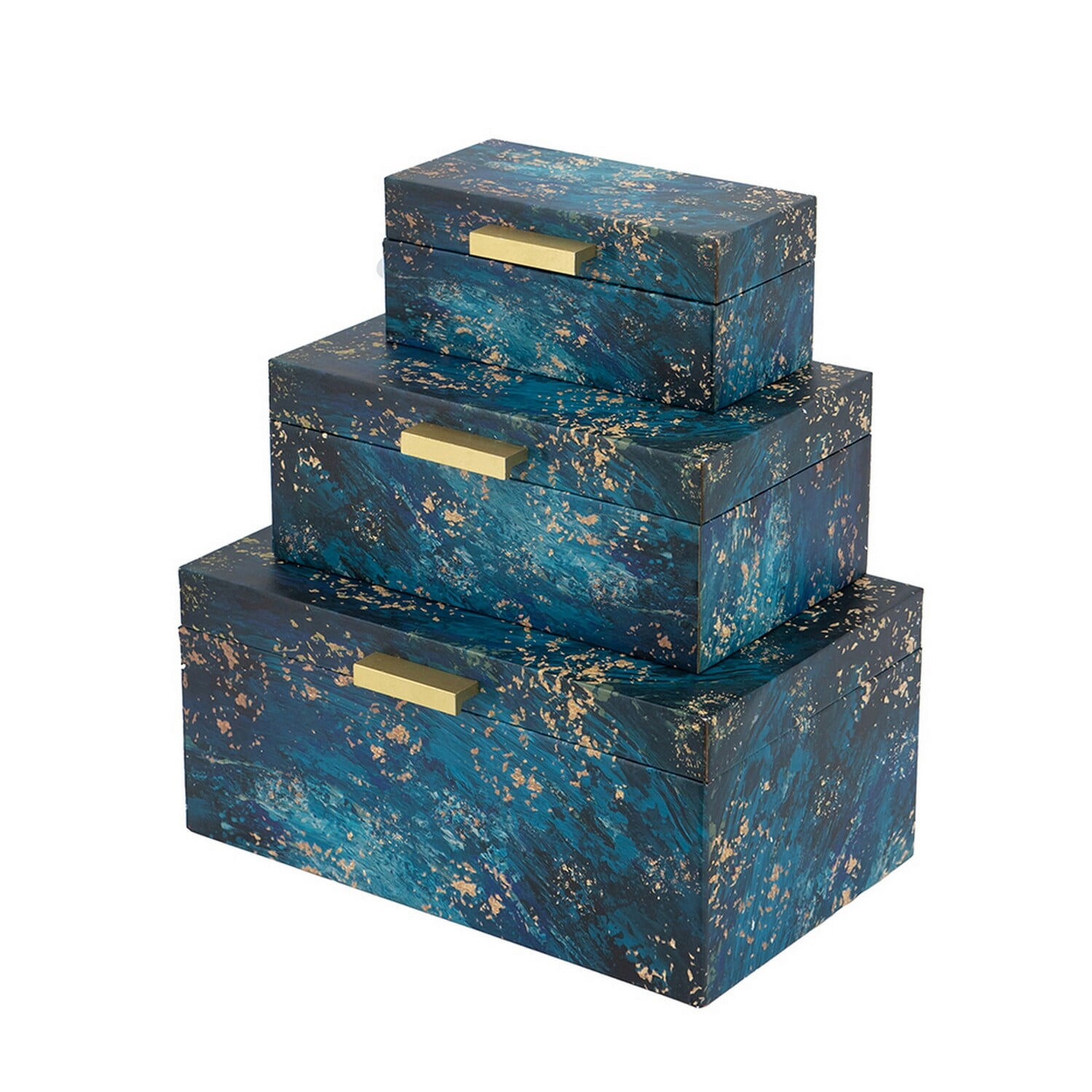 Gold Rectangular Box Benjara BM302659 Gold Handles & Blue Design Decorative Rectangular ...