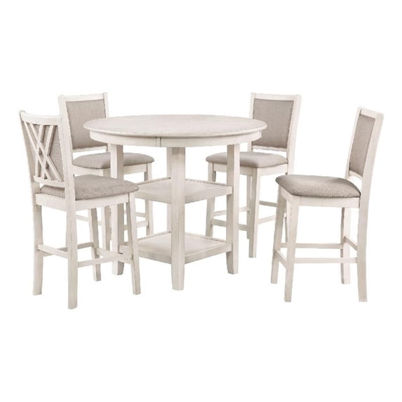Benjara Aine 5 PC Round Counter Dining Table- Chair Set- White Wood- Fabric Seat