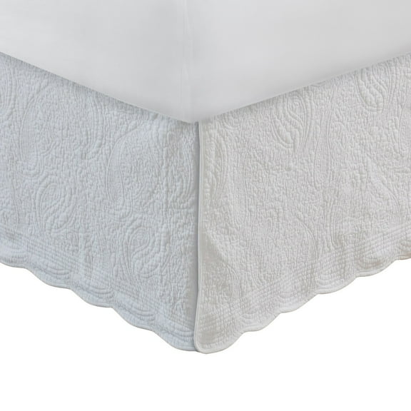 Benjara Muka Paisley Quilted Twin Bed Skirt, Cotton Drop, Polyester Platform, Ivory