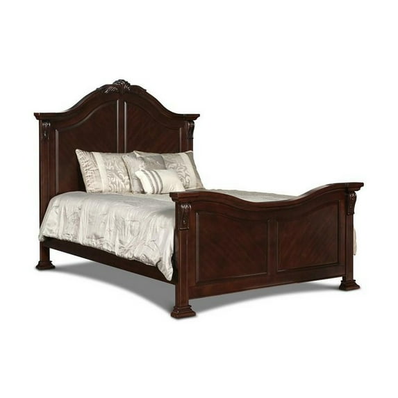 BenJara Eiel Queen Size Bed, Curved Headboard, Carved Crown Top Design, Brown Wood
