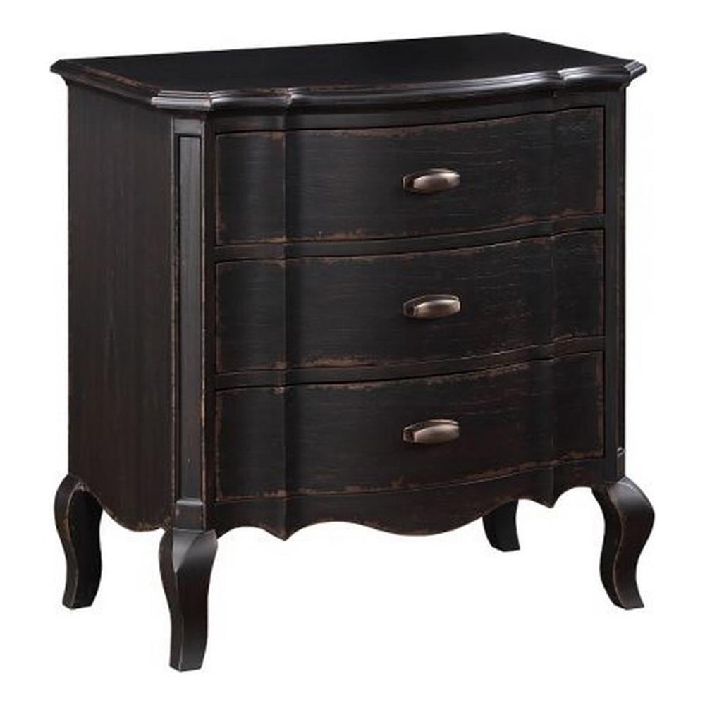 Benjara Cherry 30" Nightstand- 3 Drawers- Cabriole Legs- Rubberwood- Black