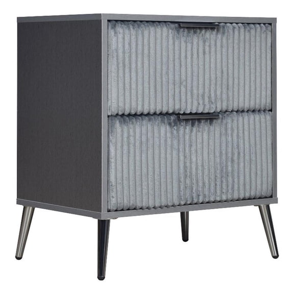 Benjara Moko 26" Nightstand- 2 Ribbed Soft Upholstered Drawers- Smooth Gray