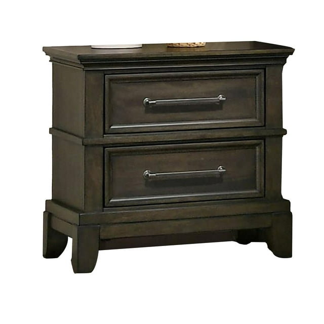 Benjara BM310928 26 in. Ston 2 Drawers Pewter Handles Crown Mold Wood Nightstand, Gray