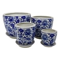 thumbnail image 1 of Benjara Planter With Saucer Set of 4- Vintage Blue Floral Print- White Ceramic, 1 of 6