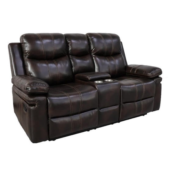 Benjara Linden 69" Loveseat with Dual Recliners- Console- Brown Faux Leather