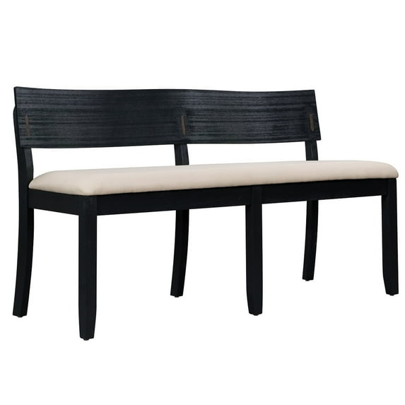 Benjara Celi 53 Inch Dining Bench, Cream Fabric Seat, Matte Black Wood Frame