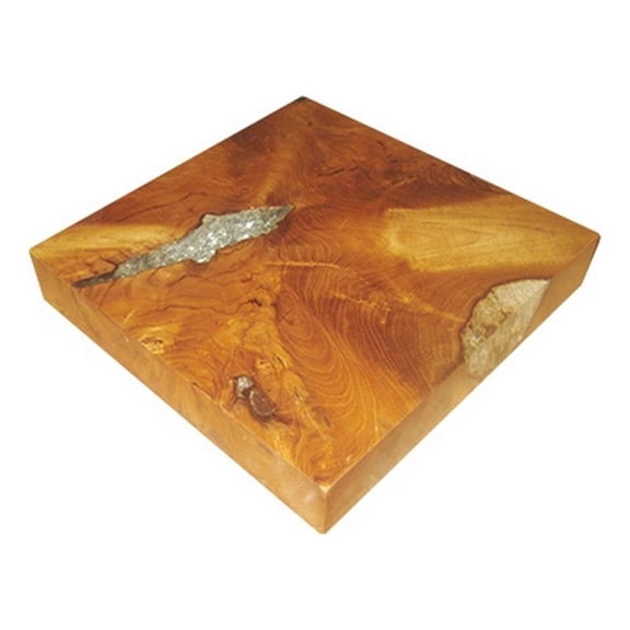 Benjara 11" Tabletop Platform- Resin Details- Square- Natural Brown Teak Wood