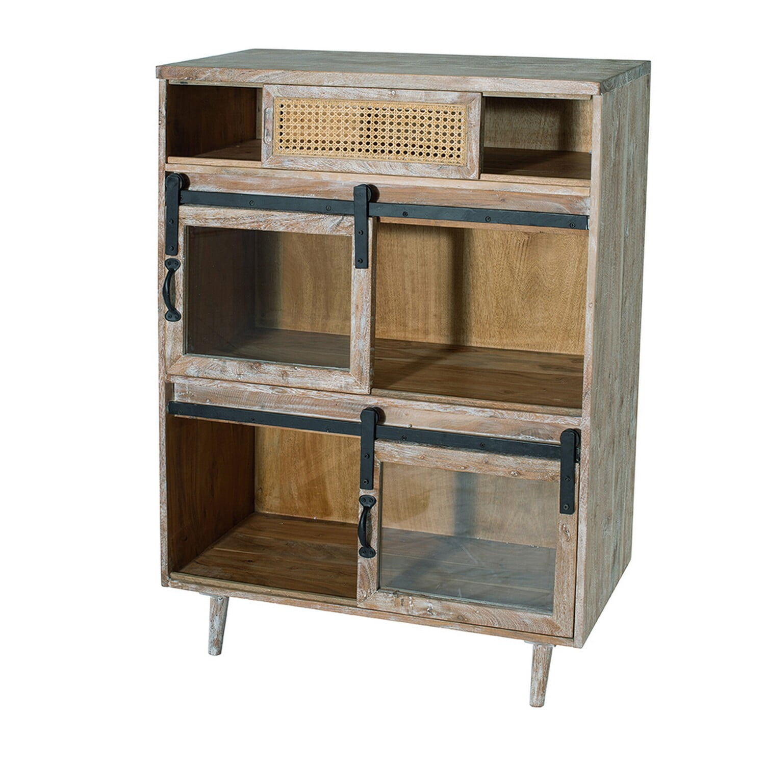 Acacia Wood and Iron Sliding Door Sideboard Cabinet in Sandblast White