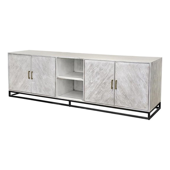 Benjara Jen 87" Sideboard Cabinet- Doors- Shelves- Black Iron Stand- Cream Wood