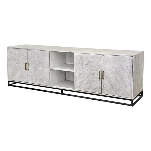 Benjara Jen 87" Sideboard Cabinet- Doors- Shelves- Black Iron Stand- Cream Wood