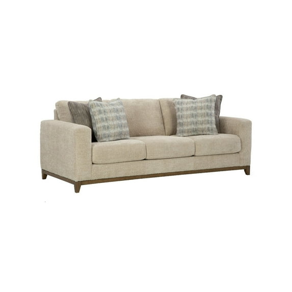 Benjara Klyn 93 Inch Sofa, 4 Accent Pillows, Faux Wood Feet, Beige Polyester